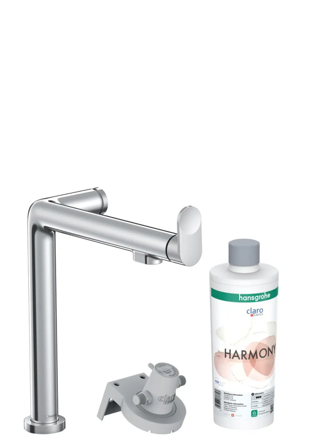 Chromfarbener Wasserhahn von Hansgrohe mit Auslauf, kombiniert mit einem Filteradapter und einer Flasche Pflegeprodukt für eine optimale Wasserqualität.